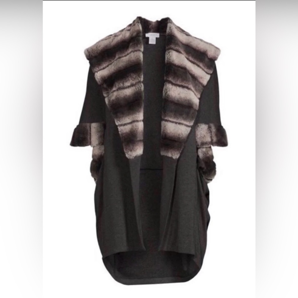 NEW CARMEN MARC VALVO Open Faux Fur Cape Cardigan Tunic Sweater Gray White NWT